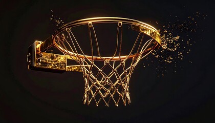 Gleaming gold basketball hoop with liquid splash, against a dark background, evoking luxury and dynamic motion