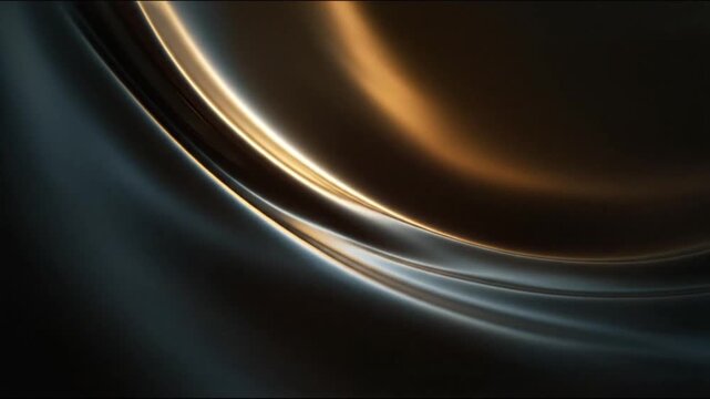 An abstract image of flowing metallic curves in dark lustrous tones Warm golden and cool silvery light reflects off the smooth undulating surfaces