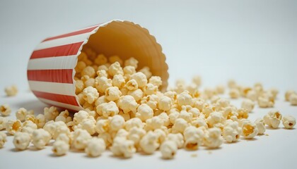 Popcorn spilling from paper cup on white background.