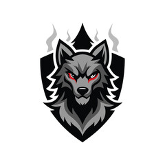 Fierce wolf mascot logo with red eyes and smoke accents on a shield