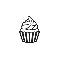 Simple black and white outline illustration of a cupcake with swirled frosting