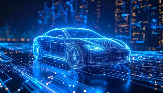 Glowing blue wireframe car on a circuit-board-like surface, with a blurred cityscape in the background - Powered by Adobe