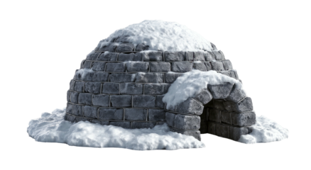 A 3D rendered igloo, snow-covered, on a dark background