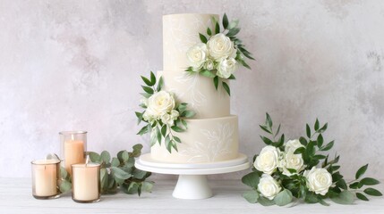 Elegant three-tier wedding cake adorned with white roses and greenery, set against a soft pastel background