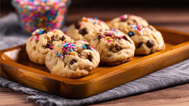 Freshly baked chocolate chip cookies topped with colorful sprinkles on a wooden tray, cozy kitchen setting