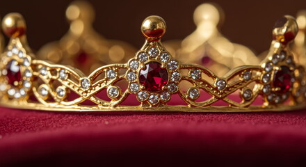 Close Up Of A Regal Golden Crown Adorned With Red Rubies And Diamonds Resting On Red Velvet Symbolizing Royalty