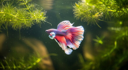 Stunning Betta Fish Swimming In Freshwater Aquarium Tank With Aquatic Plants