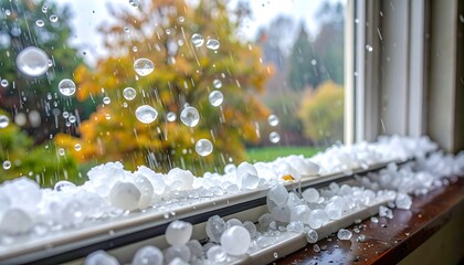 Hail pellets on windowsill, blurred autumnal trees and falling hail visible through the glass