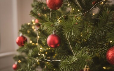 Close-Up Macro Shot of Christmas Tree Branches with Glittering Baubles and Warm Lights