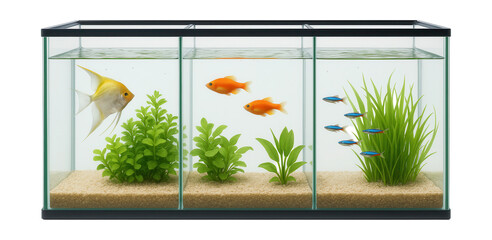 Partitioned rectangular aquarium for various fish, ideal for outdoor patios.