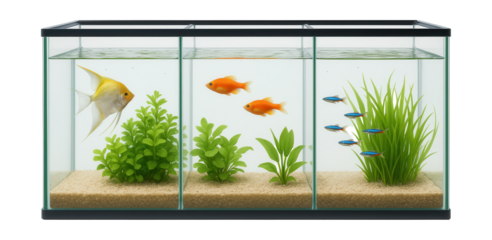Partitioned rectangular aquarium for various fish, ideal for outdoor patios.