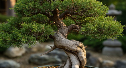Majestic Twisted Juniper Bonsai Tree Trunk In A Serene Japanese Garden Setting