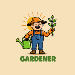 Happy Gardener Cartoon Character with Watering Can and Plant