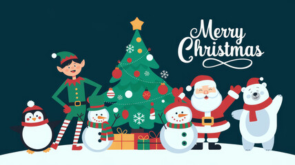 Christmas scene with Santa elf snowmen penguin polar bear and tree.
