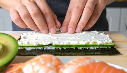 Hands prepare sushi roll with white spread, green cucumber, nori seaweed and avocado on a wooden board