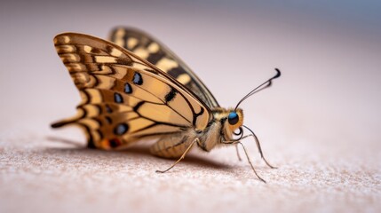 Fototapeta premium Close-up of a vibrant butterfly resting on a textured surface, showcasing intricate wing patterns and colors