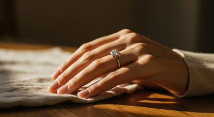 Close Up Of A Woman's Hand Wearing A Brilliant Diamond Engagement Ring In Soft Sunlight