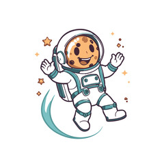 Obraz premium Cute cartoon chocolate chip cookie character wearing a white astronaut suit floating in outer space with stars and a comet trail