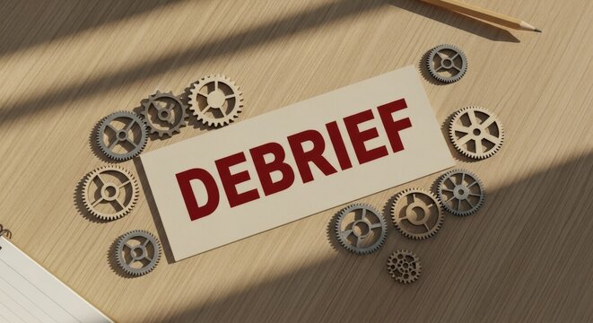 Debrief Meeting Gears and Notepad on Wooden Desk Business Concept