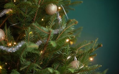 Close-Up Macro Shot of Christmas Tree Branches with Glittering Baubles and Warm Lights