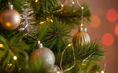 Close-Up Macro Shot of Christmas Tree Branches with Glittering Baubles and Warm Lights