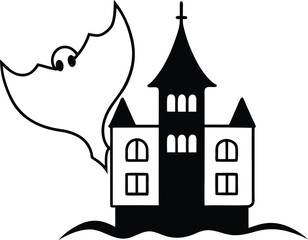 ghost flying around old mansion illustration on transparent background