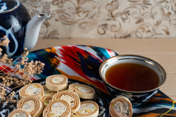 Uzbek Halva with Pistachios on Traditional Ceramic Plate