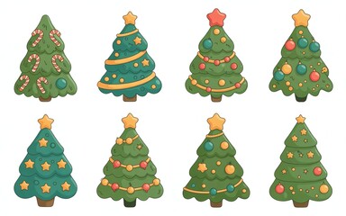 Cute Cartoon Christmas Tree Illustration Set Isolated on White Background