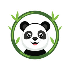 Obraz premium Adorable cartoon panda face peeking through a circular bamboo frame with green leaves