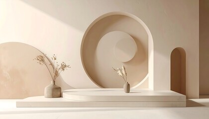 Minimalist stage with beige structures, platform, vases, and delicate pampas grass under gentle light