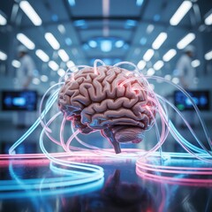 Digital brain with futuristic neon lights isolated on white background