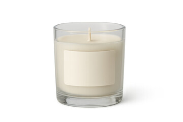 White candle in glass jar with blank label