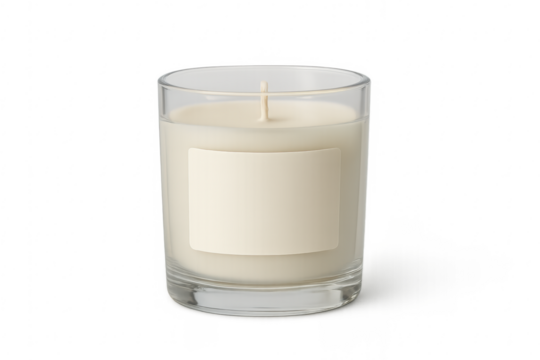 White candle in glass jar with blank label