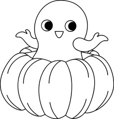 outline vector illustration of a Halloween pumpkin with a ghost emerging from inside