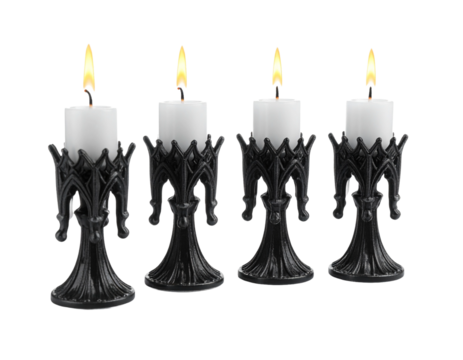 burning candle group in gothic holders, white background