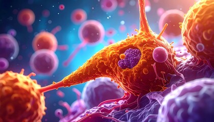 Abstract render of cellular structures in a vibrant, bioluminescent, interconnected network of orange, purple, and blue