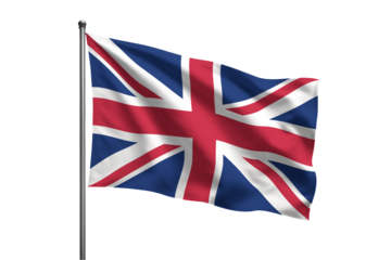 A waving united kingdom flag on a metal pole against a black background in a studio setting