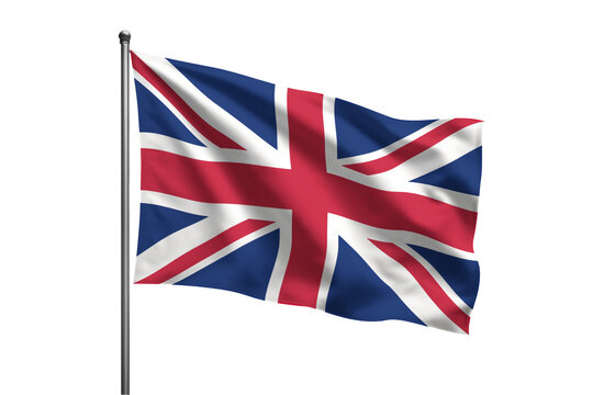 A waving united kingdom flag on a metal pole against a black background in a studio setting
