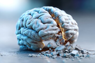 A realistic human brain model is physically crumbling into pieces, symbolizing Alzheimer's, memory loss, brain atrophy, or mental health breakdown.