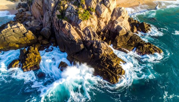 Aerial view of a rocky outcrop meeting a turquoise ocean, with waves crashing - Powered by Adobe