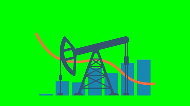 Land crude oil drilling rig, derrick, pump jack. Price per barrel. Oil rig on the background of graphs and charts. Falling price. Pumpjack on oil price chart, data. 2d flat animation. Alpha channel