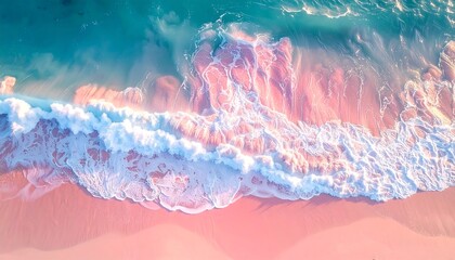Aerial view of ocean waves washing over a pink sandy beach, creating foam patterns