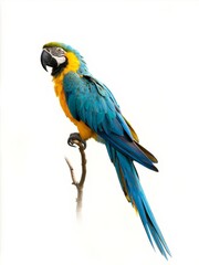 Fototapeta premium Blue-and-Yellow Macaw Perched on Branch Isolated on WhiteDESCRIPTION: A magnificent full-body portrait of a Blue-and-Yellow Macaw (Ara ararauna), showcasing its vibrant plumage of brilliant blue and