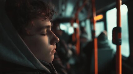 Young man resting with eyes closed on bus during winter commute  