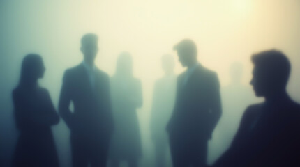Blurred background with human figures in fog or smoke, ideal for concepts of anonymity, ambiguity, or business meetings