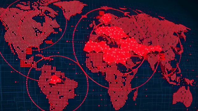 A digital world map highlighted in red tones.
