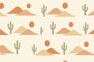 Seamless desert landscape with stylized mountains cacti and sun for wallpaper backgrounds and
