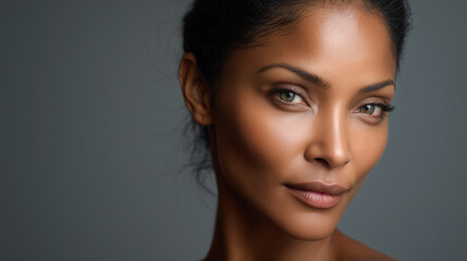 A compelling close-up of a woman's face, highlighting diverse features and a confident, approachable demeanor against a minimalist background.