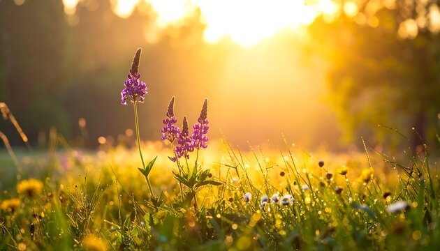 Golden sunlight illuminates a meadow with wildflowers, grass, and a blurred background of trees and bright light