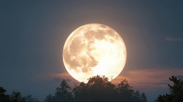 Full moon rising over trees in the night sky  